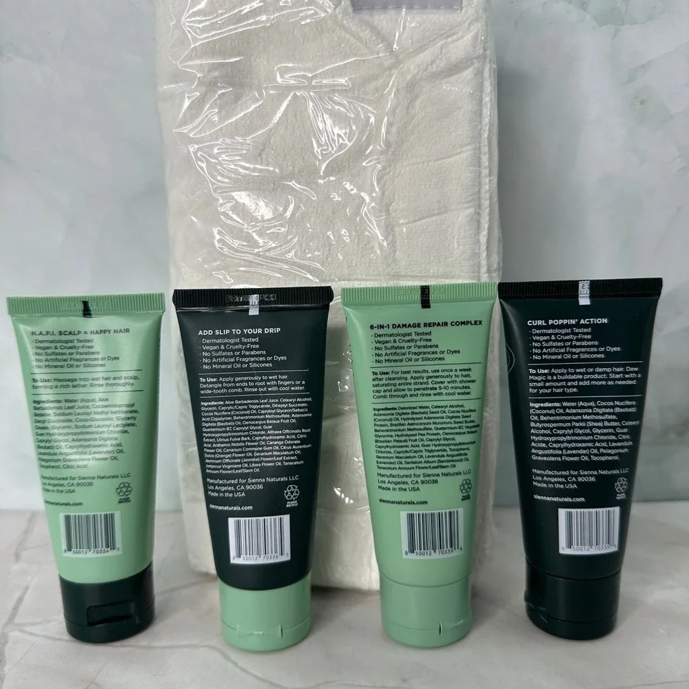 Sienna Naturals Travel Sz Hair care Sampler Shampoo Conditioner Mask Towel Vegan